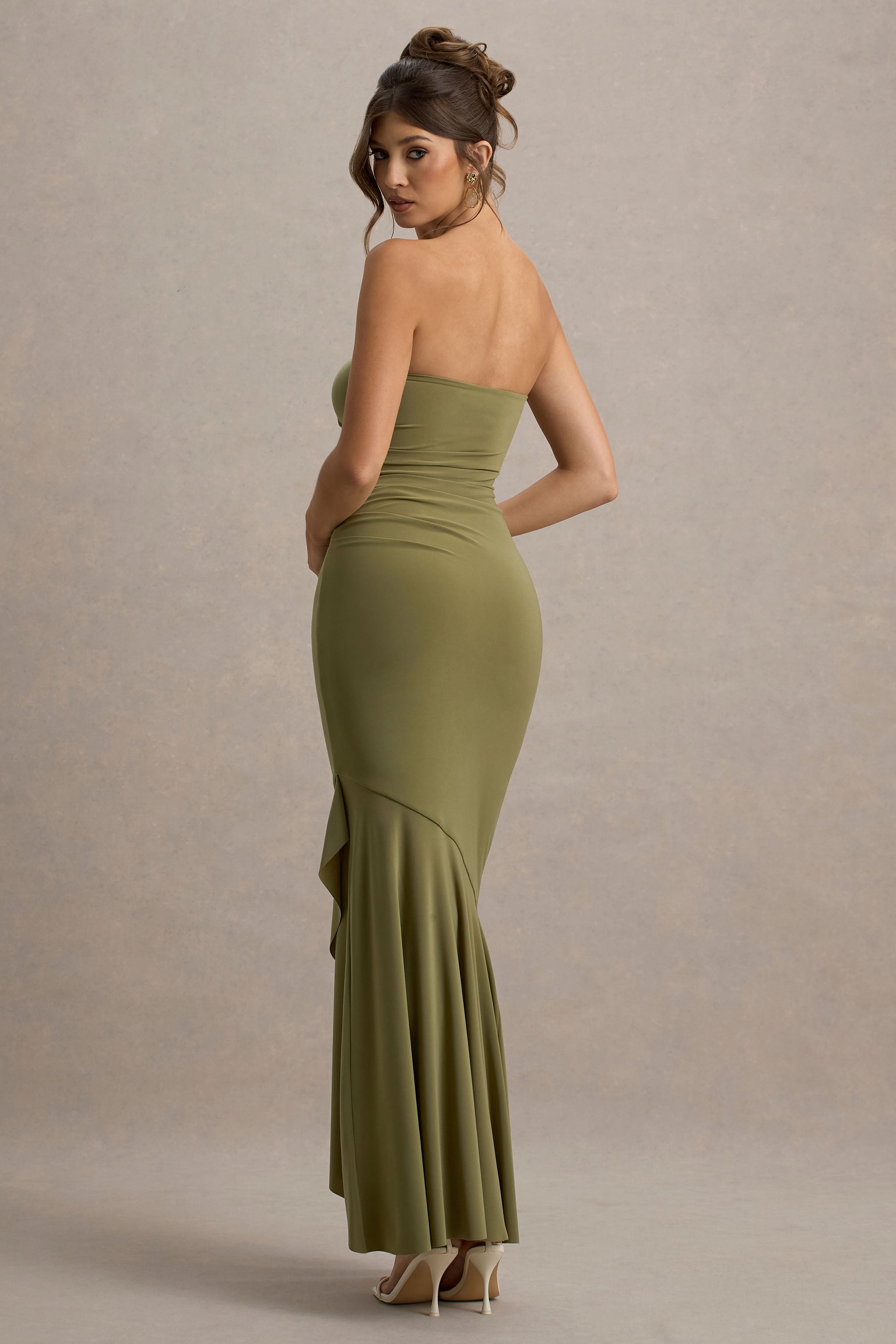 Capria | Olive Green Bandeau Wrap Maxi Dress