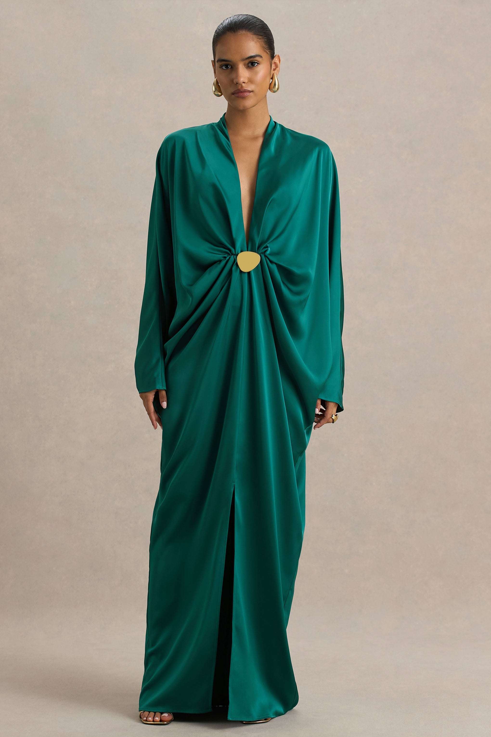 Tina | Dark Green Satin Plunge-Neck Embellished Maxi Dress