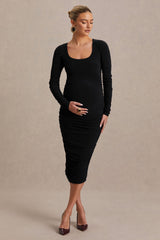 Saffron | Black Scoop-Neck Maternity Midi Dress