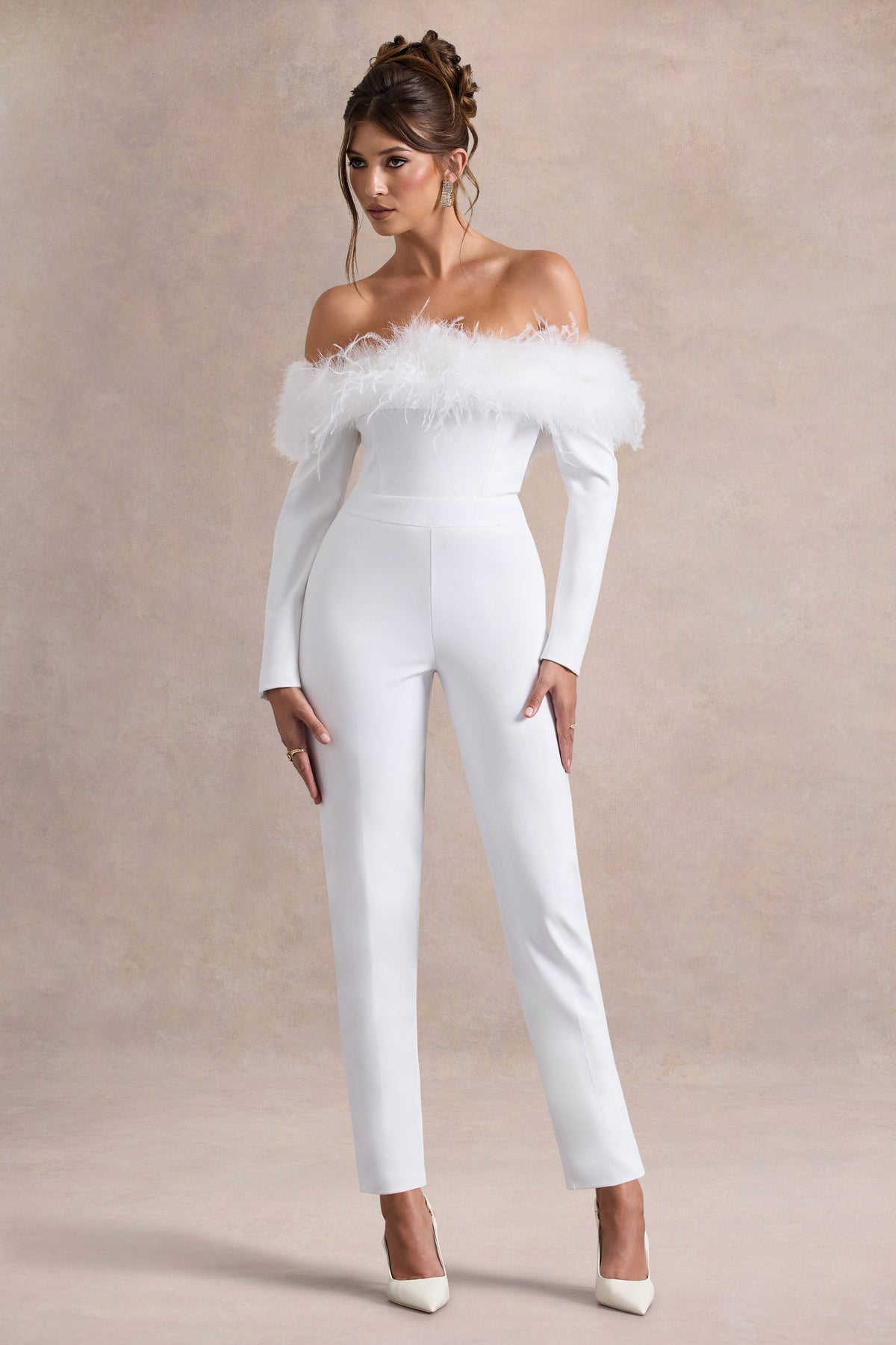 Ales | White Bardot Tailored Straight-Leg Jumpsuit With Feather Trim
