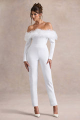 Ales | White Bardot Tailored Straight-Leg Jumpsuit With Feather Trim