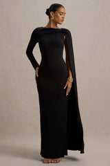 Frances | Black High-Neck Maxi Dress With Cape Detail