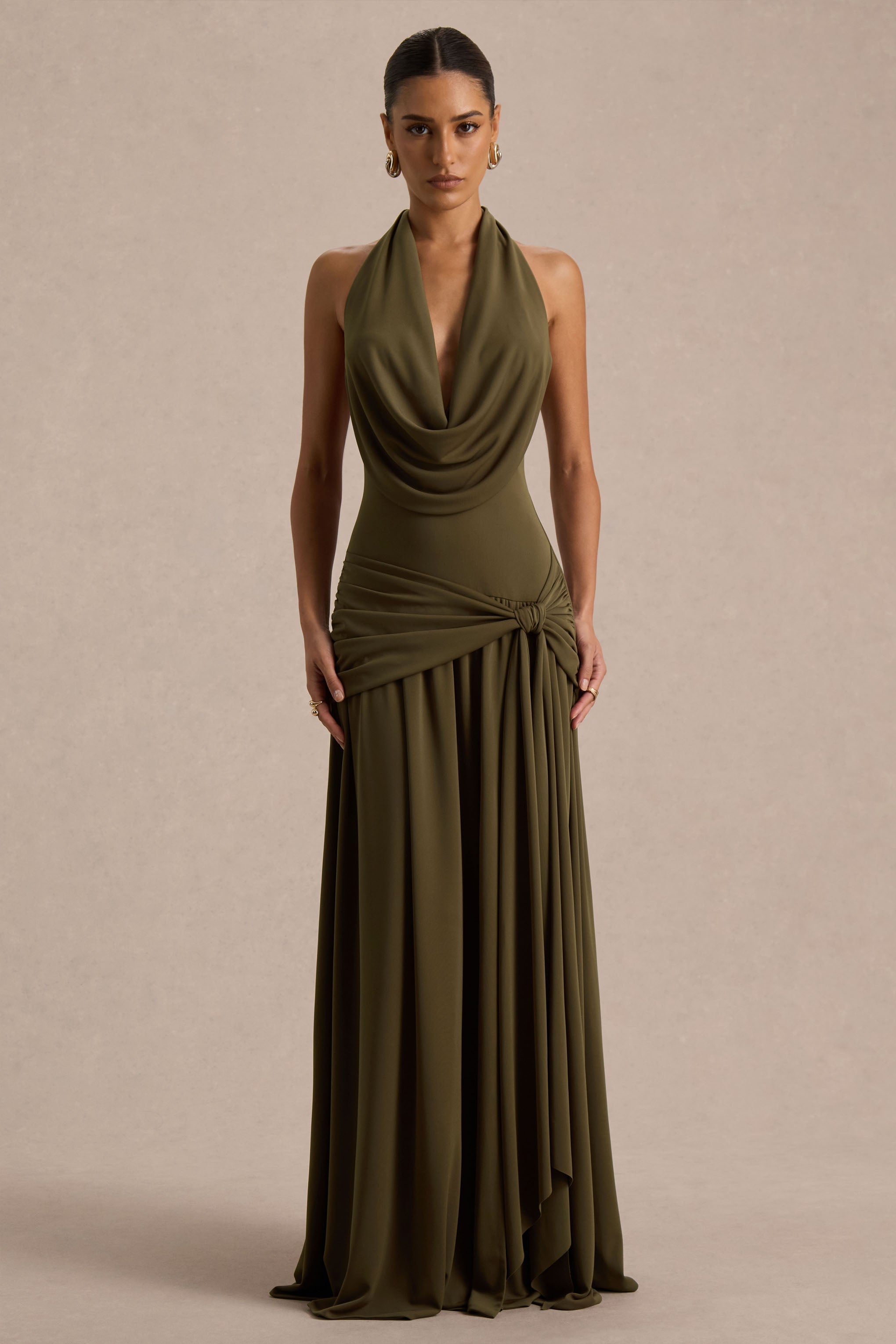 Mist | Olive Plunge-Neck Maxi Dress With Knot-Detail And Open-Back