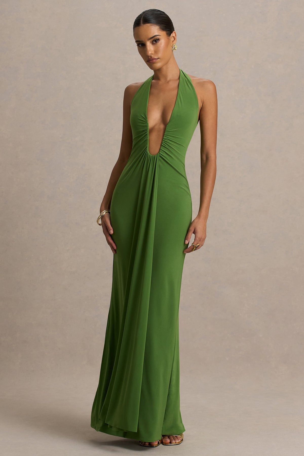 Hera | Green Extreme Plunge Maxi Dress With Ruched Detail