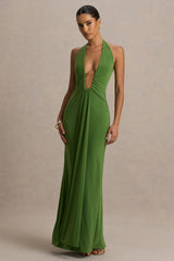 Hera | Green Extreme Plunge Maxi Dress With Ruched Detail
