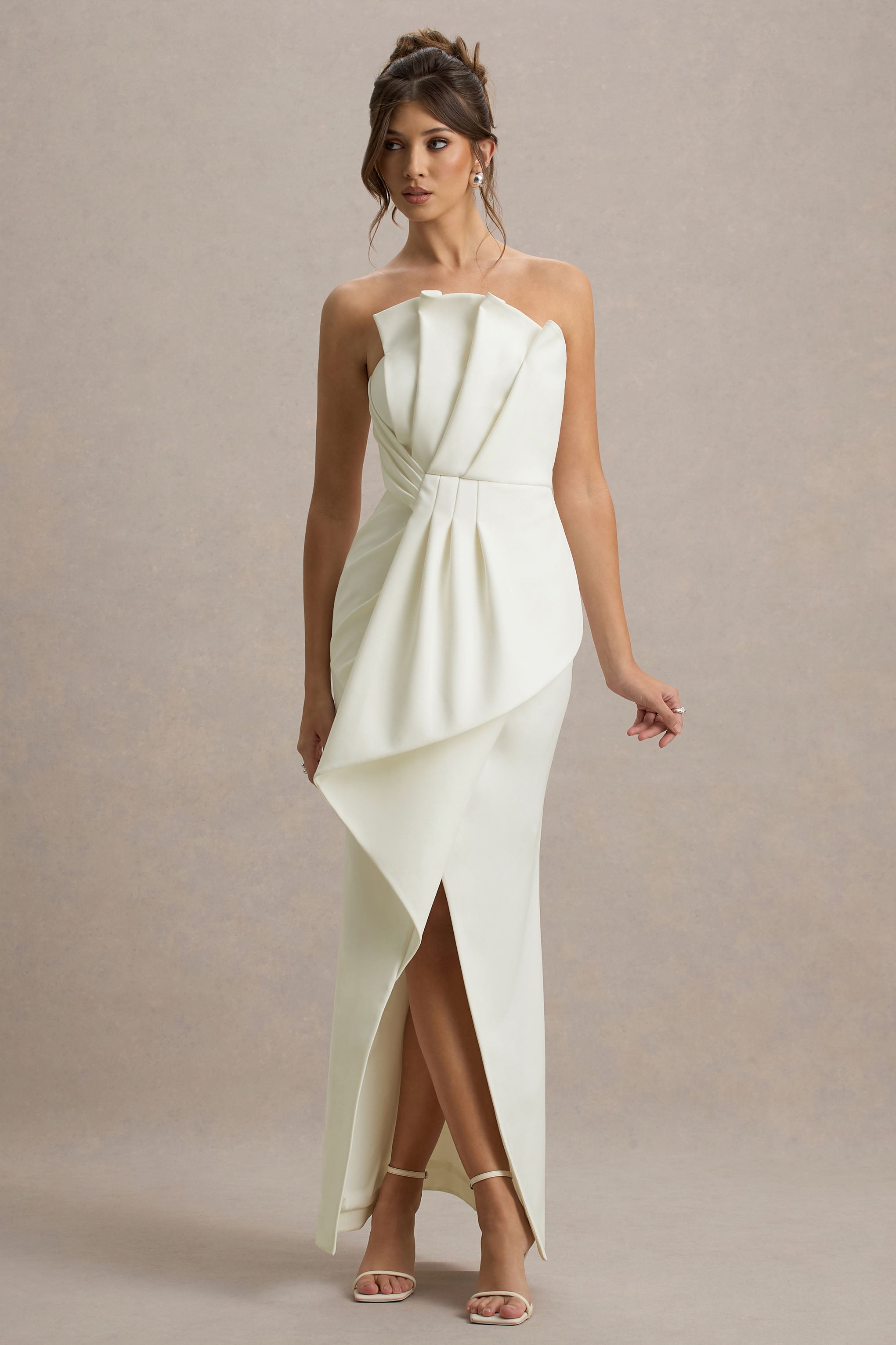 Dreamy Whispers | Cream Strapless Ruffle Split Maxi Dress