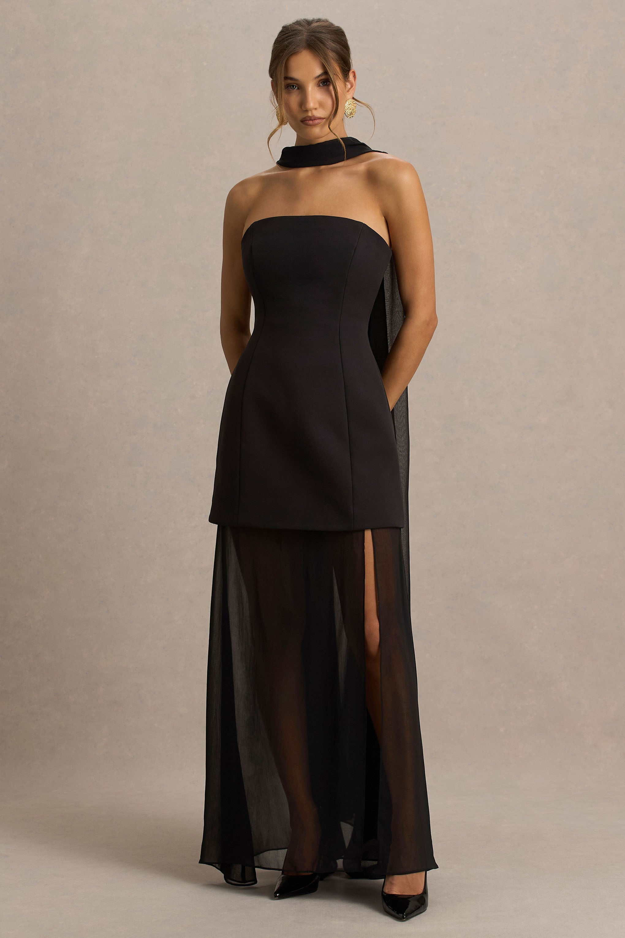 Chessa | Black Slashed-Neck Maxi Dress With Sheer Cape