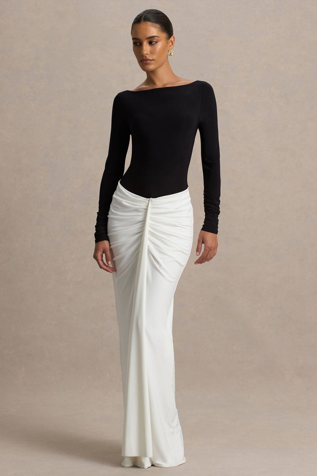 Matilda | Black And White Boat-Neck Maxi Dress With Ruched Detailing