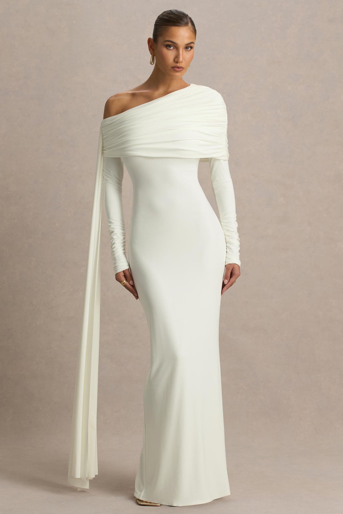 Octavia | Cream Bardot-Neck Maxi Dress With Sash And Ruched Detailing