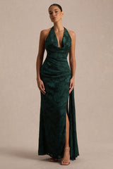 Talula | Dark Green Extreme Cowl-Neck Maxi Dress With Sash And Front-High Split