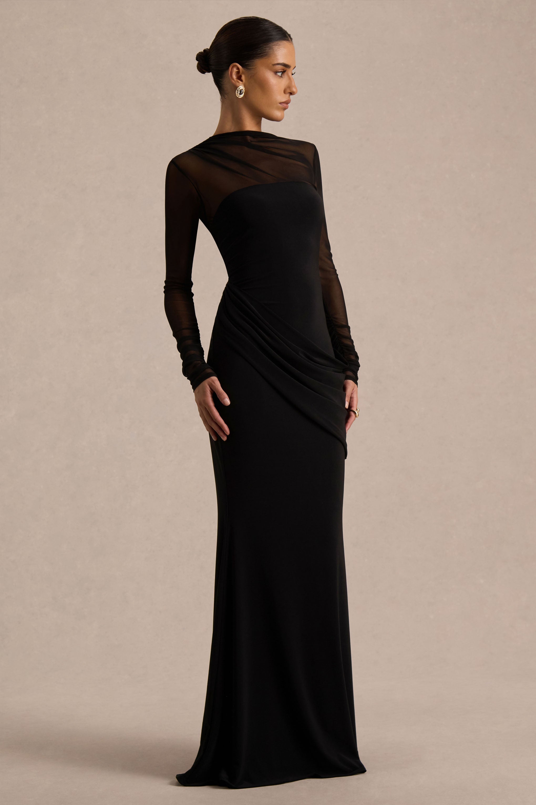 Deema | Black Jersey And Mesh High Neck Maxi Dress