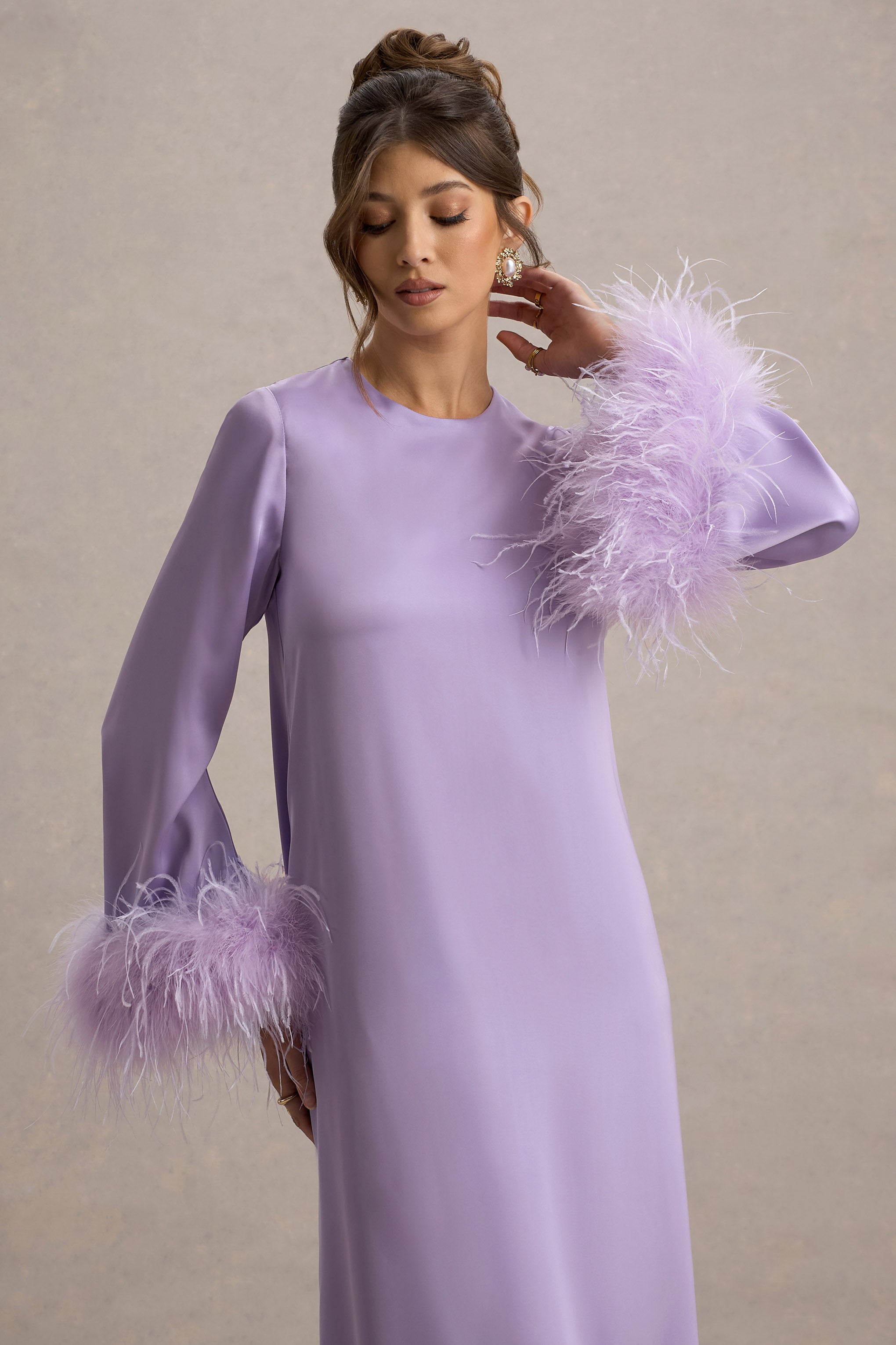 Adella | Lilac Satin Feather-Trim Maxi Dress