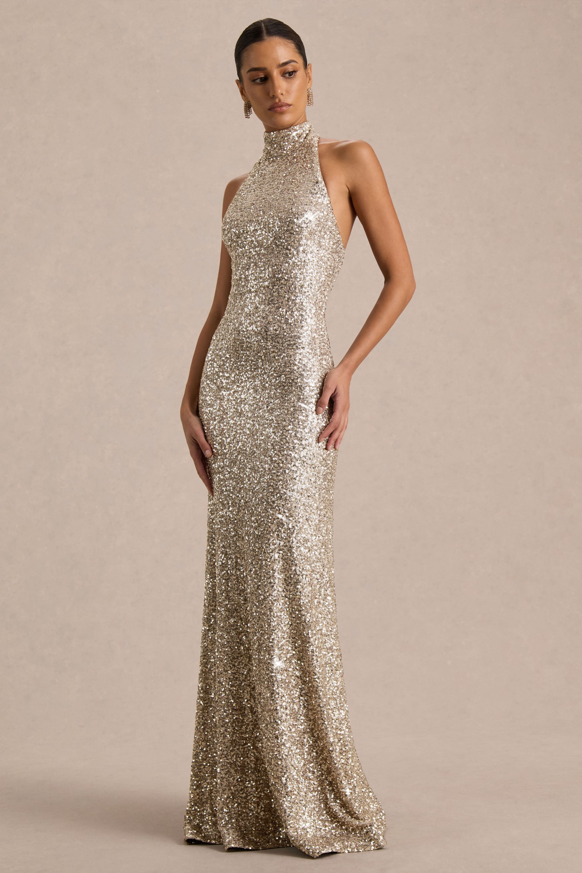 Tulia | Champagne Sequin High-Neck Maxi Dress