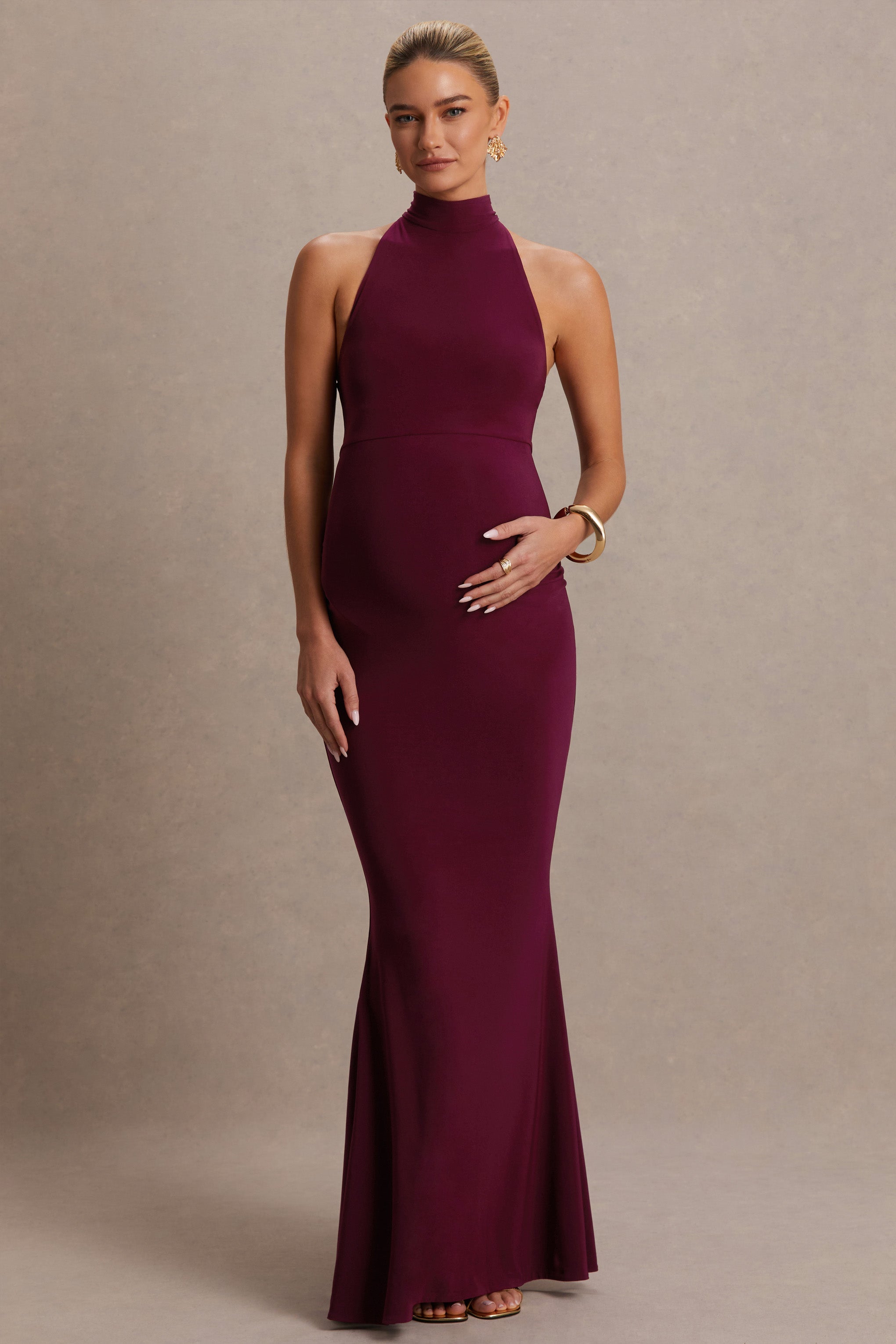 Kaia | Burgundy Halter-Neck Maternity Dress