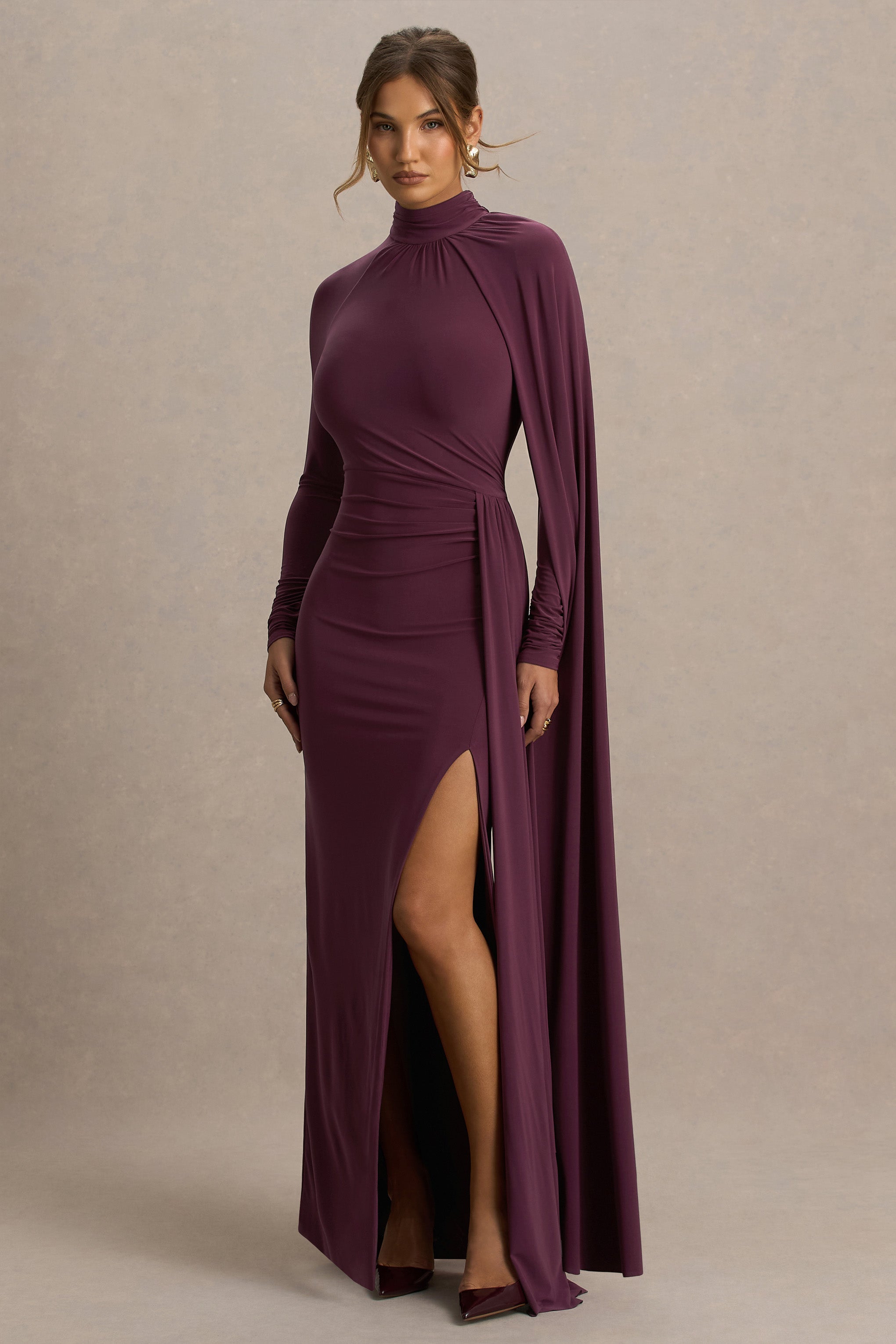 Anticipation | Burgundy High-Neck Maxi Dress With Front Split And Ruched Detailing