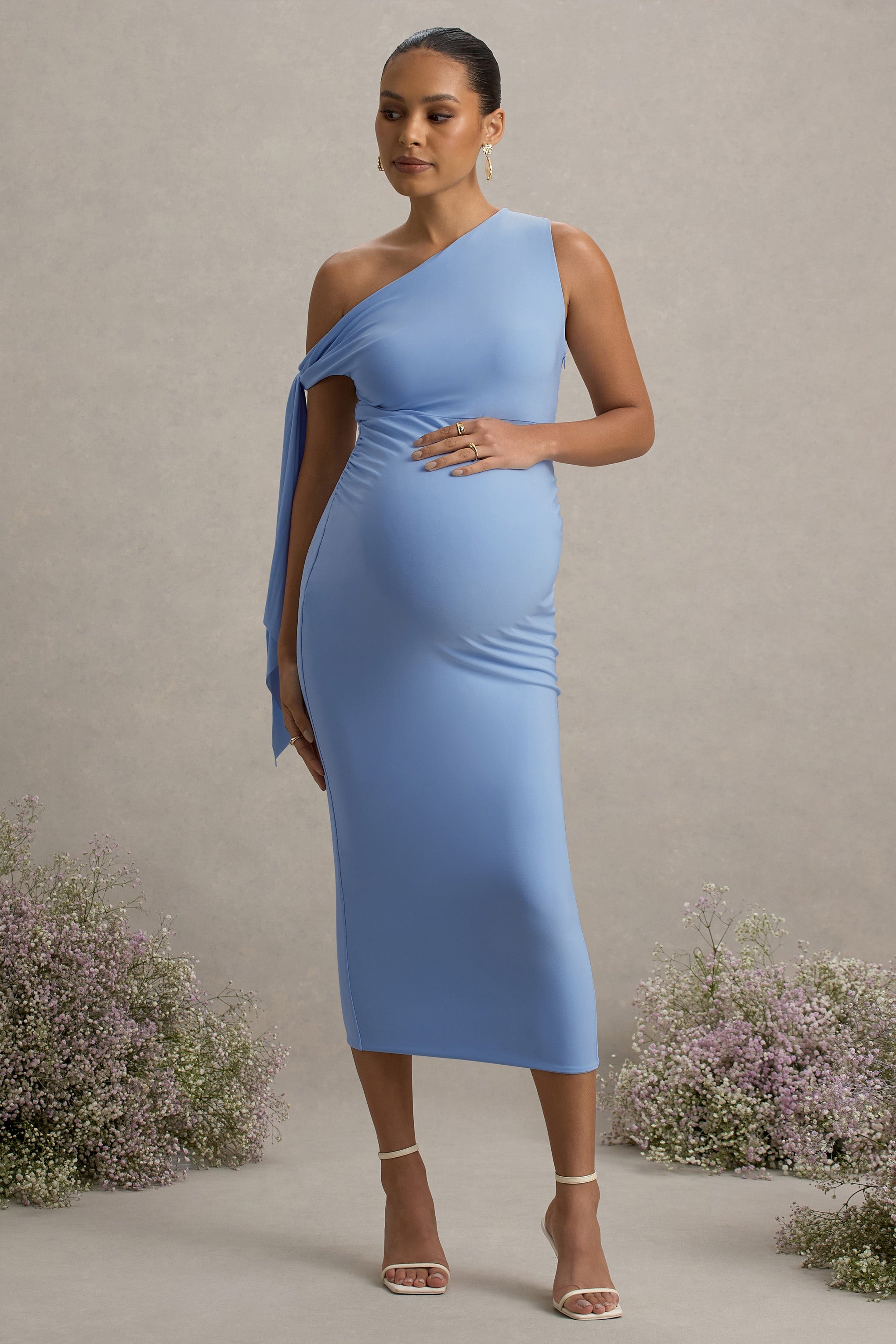Katarine | Powder Blue Asymmetric Knot Maternity Midi Dress