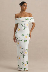 Capri | White Rose Print Bardot-Neck Maxi Dress With Ruched Detailing