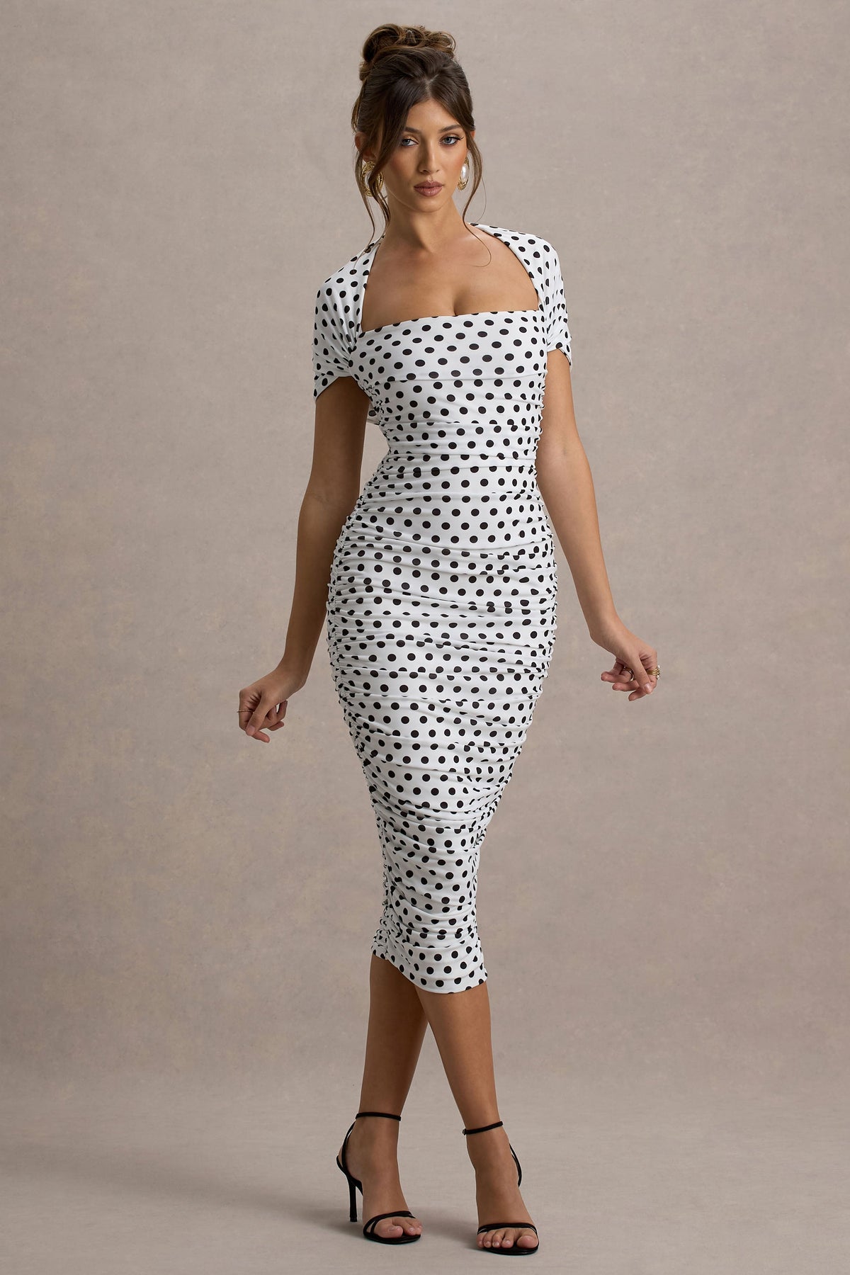 Paxos | White Polka Dot Ruched Short-Sleeve Midi Dress