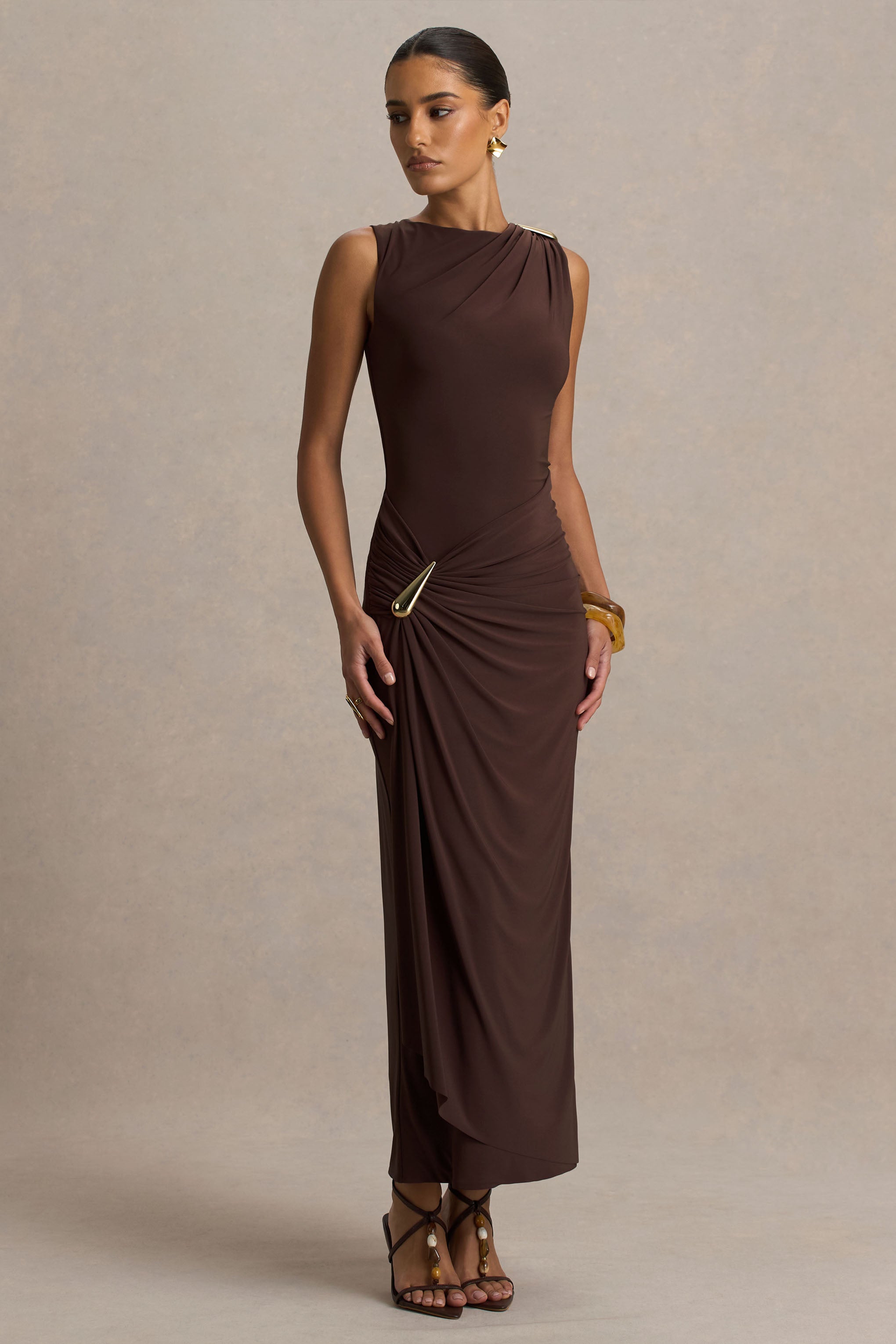 Fiora | Brown Wide-Neck Maxi Dress With Gathered Detail