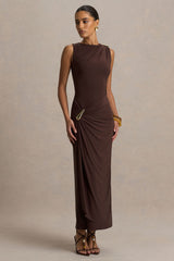 Fiora | Brown Wide-Neck Maxi Dress With Gathered Detail