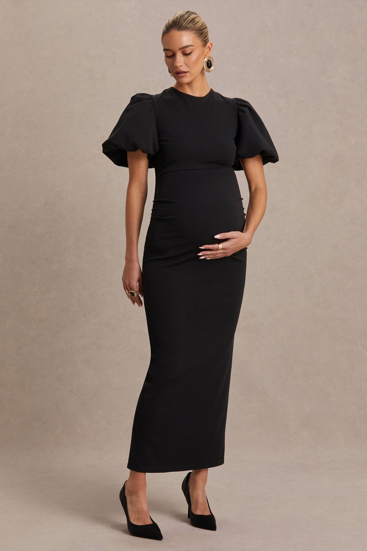 Luna | Black Crew-Neck Maternity Midi Dress With Puff-Sleeves