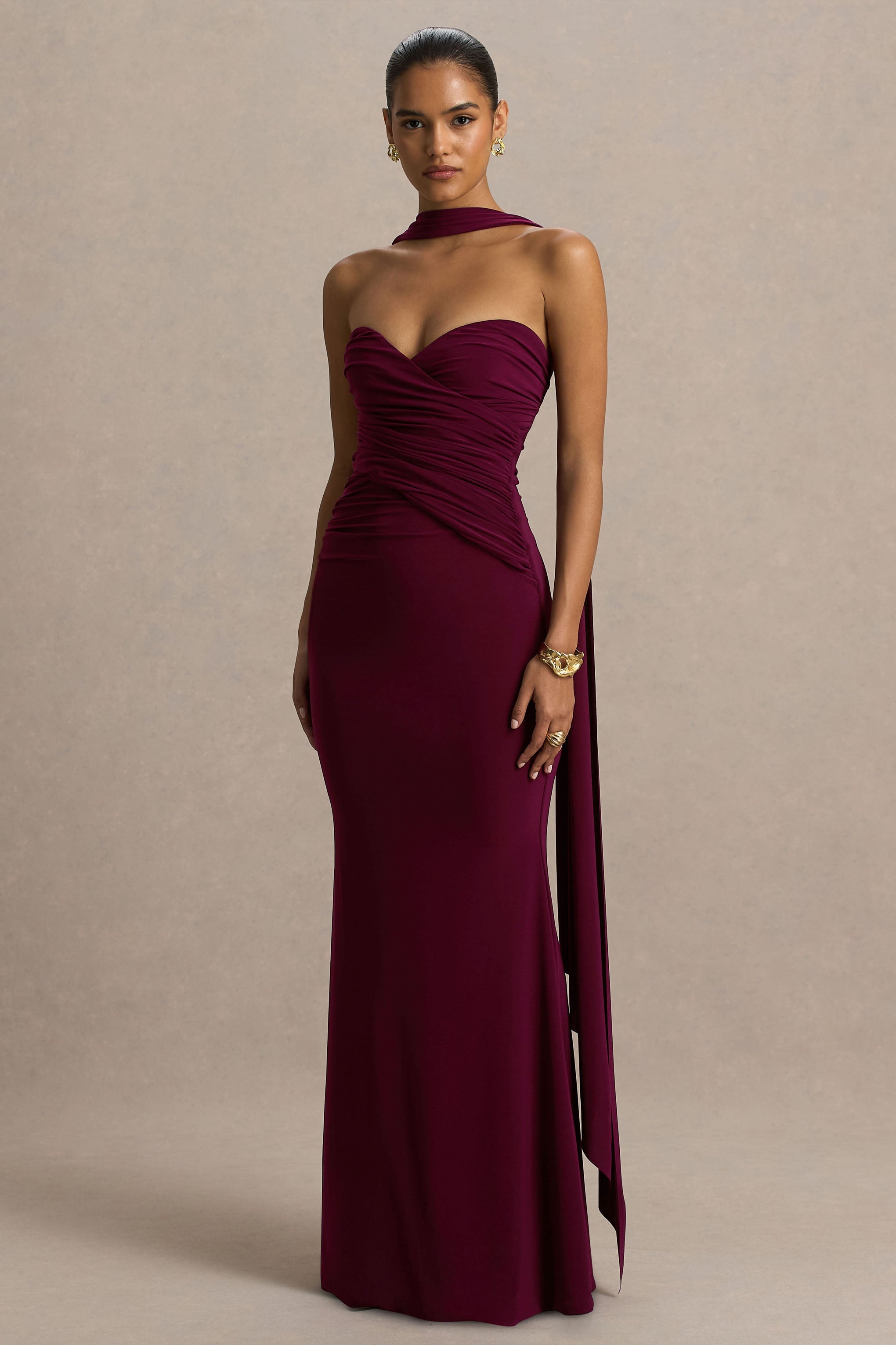 Leila | Burgundy Sweetheart Maxi Dress With Scarf