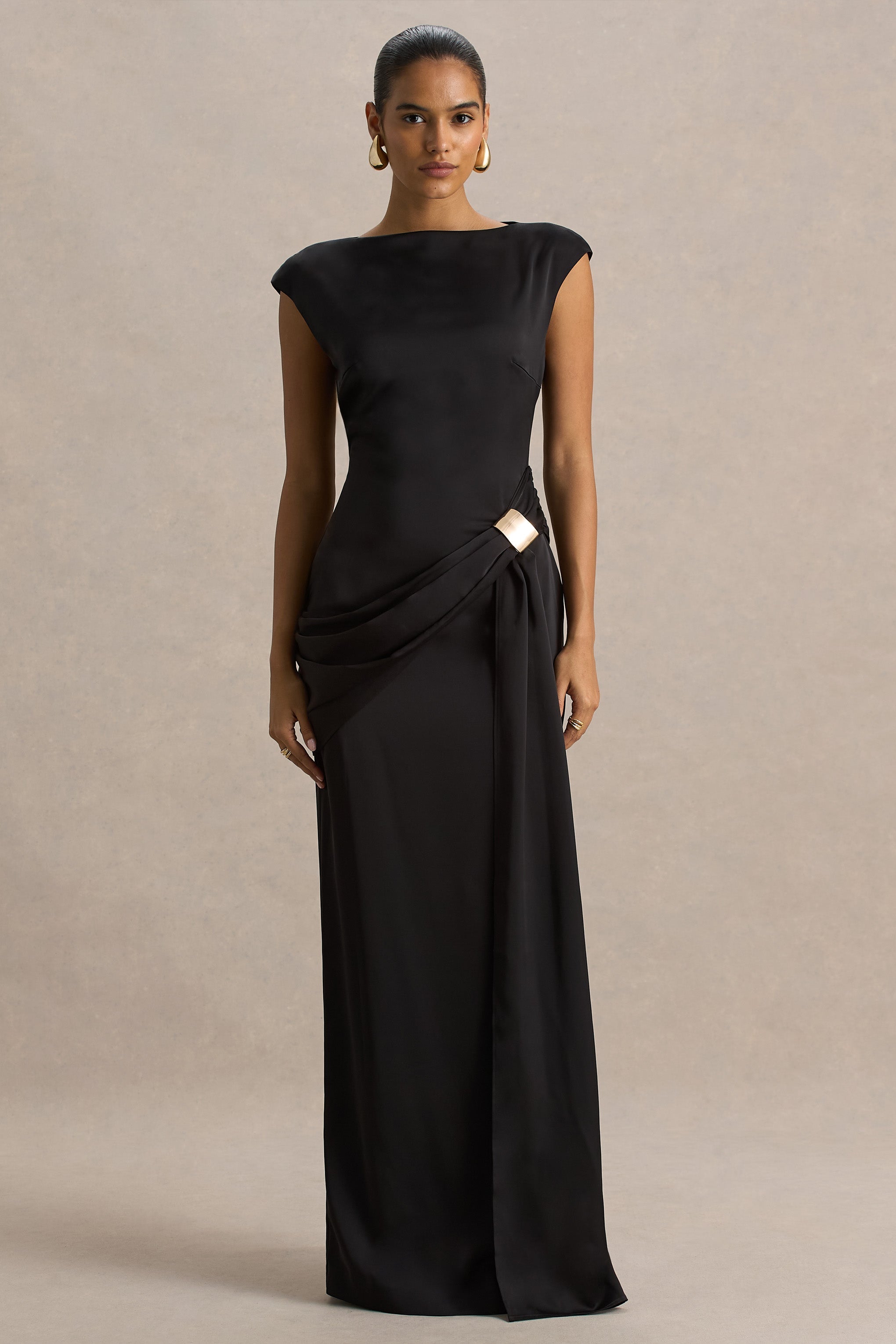 Influence | Black Satin Slashed-Neck Maxi Dress With Embellished Detail And Sash
