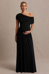 Noah | Black Asymmetric-Neck Maternity Maxi Dress With Drop-Waist