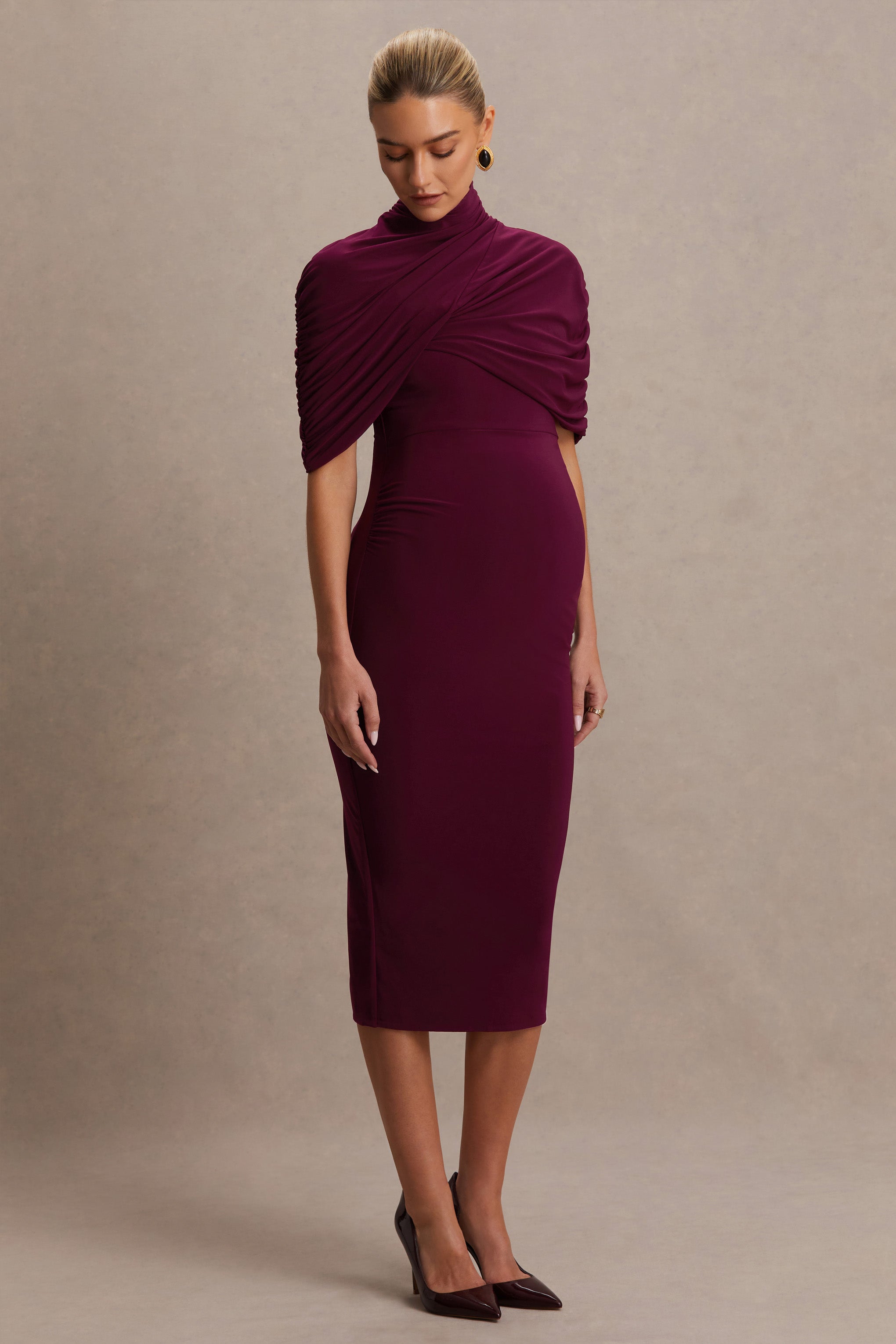 Augustina | Burgundy Maternity Midi Dress With Cape