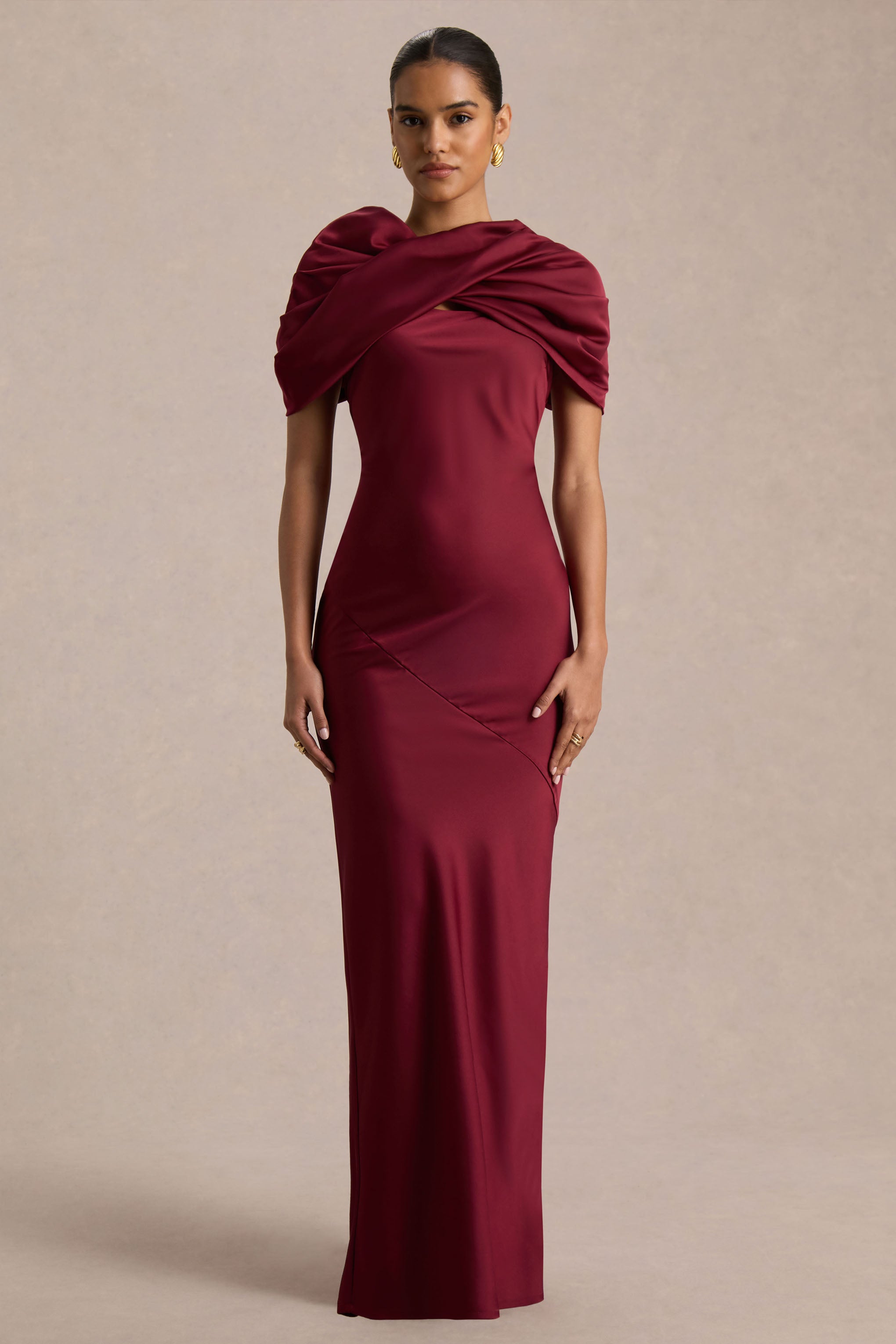 Yoli | Burgundy Satin Maxi Dress With Removable Twist-Cape