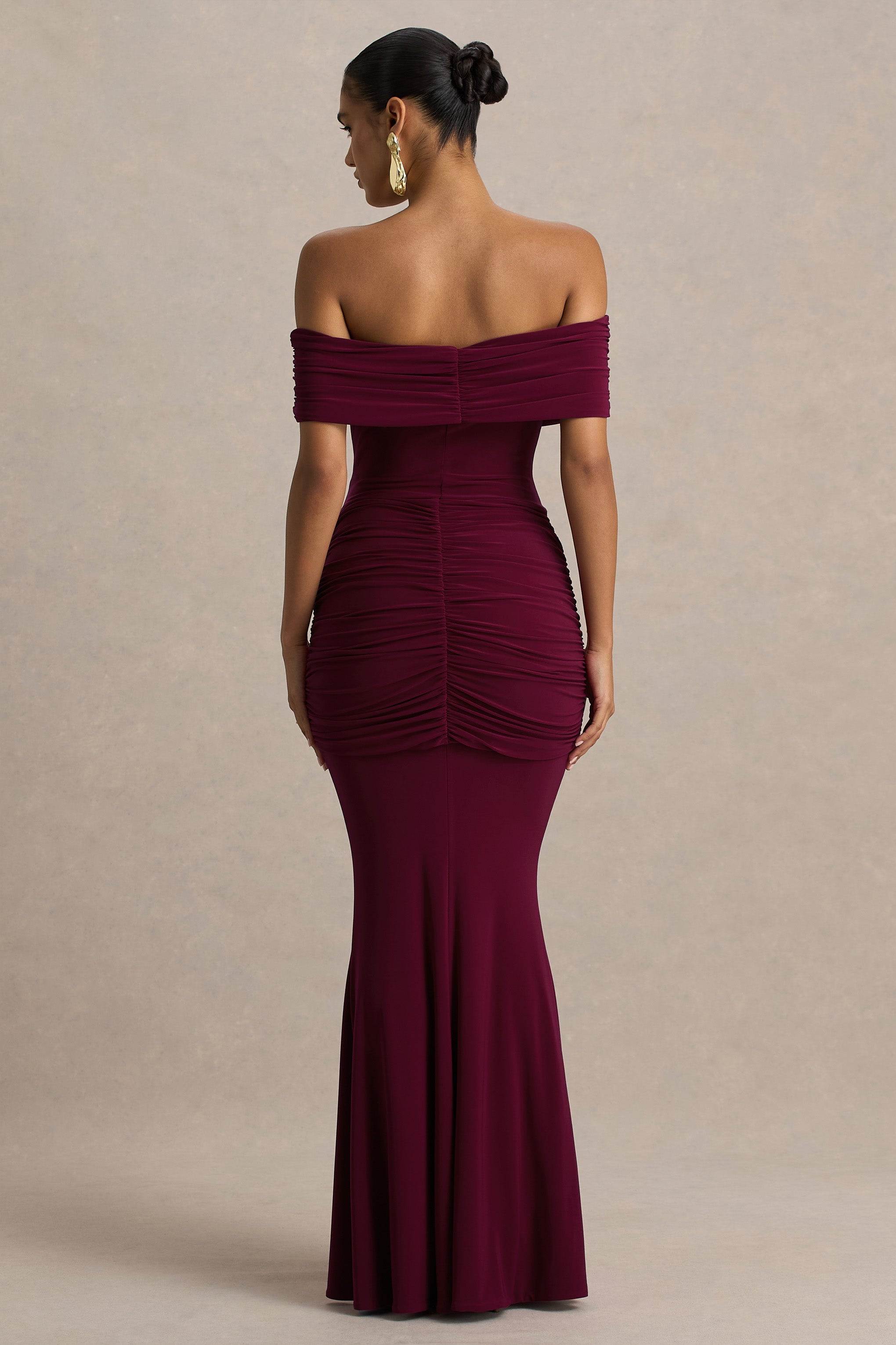 Envisioned | Burgundy Bardot-Neck Maxi Dress With Gathered And Drape Detail