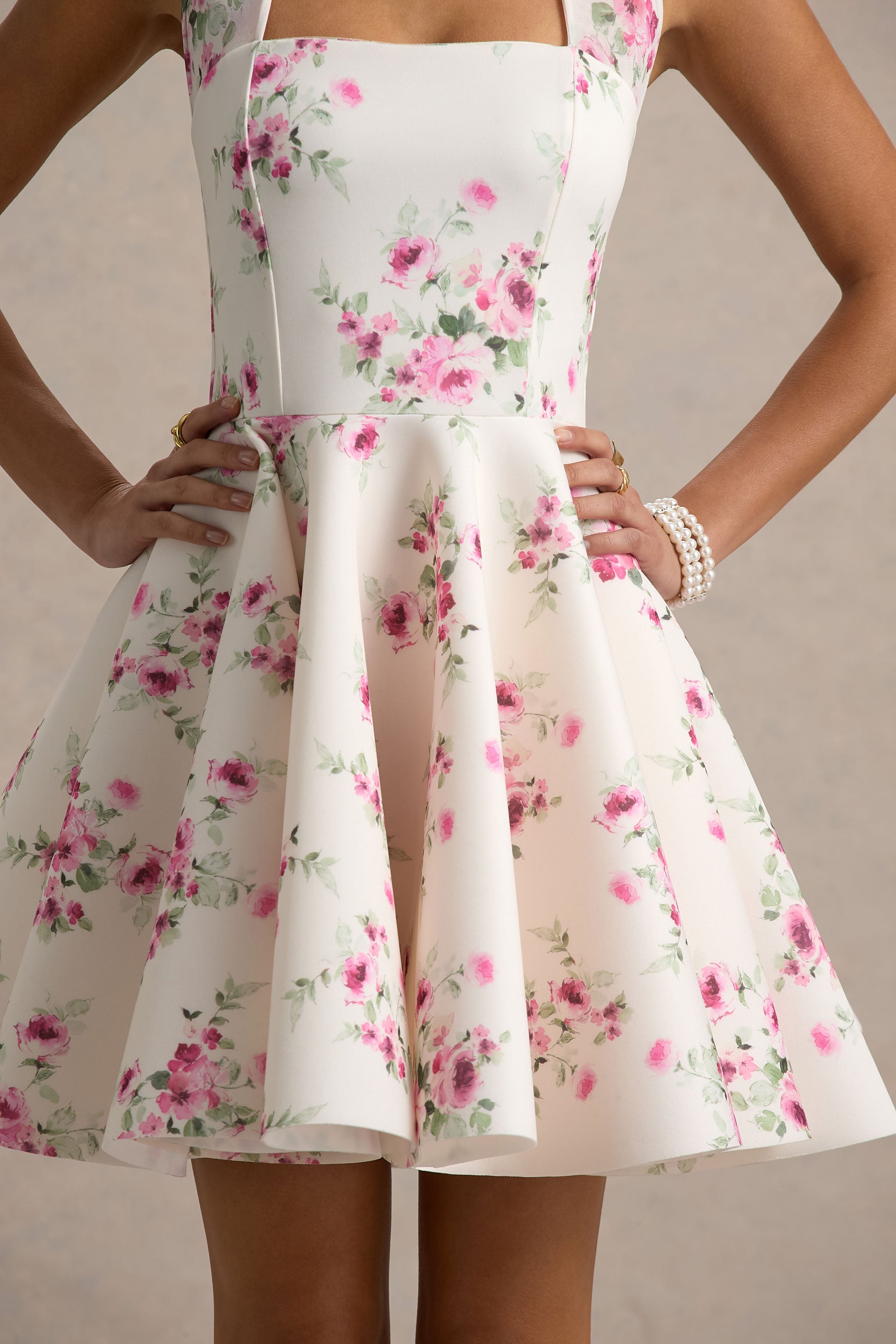 Peggy | Cream and Pink Halter-Neck Skater Mini Dress