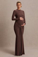 Aveny | Brown Crew-Neck Maternity Maxi Dress With Ruched-Detailing And Sash