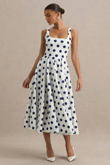 Berta | White And Navy Polka-Dot Square-Neck Midi Dress