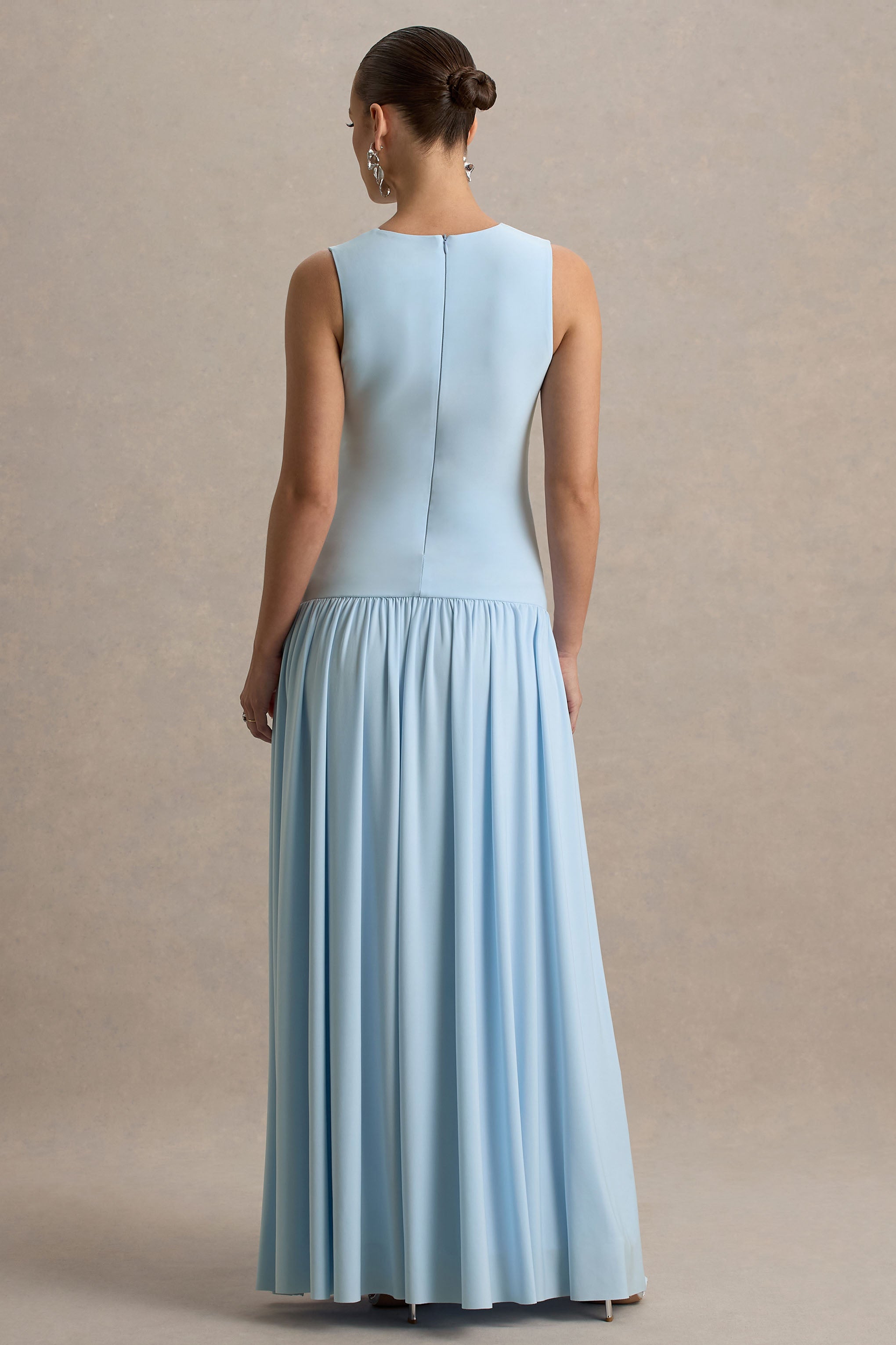Outline | Powder Blue Crew-Neck Maternity Maxi Dress With Pleated Skirt