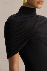 Enchant | Black Asymmetric Twisted Cape Midi Dress