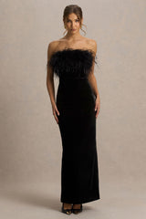 Arella | Black Velvet Bandeau Maxi Dress With Feather Trim