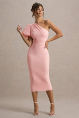 Aimee | Pink Asymmetric Puff-Sleeve Midi Dress
