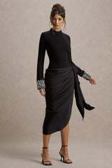 Luanna | Black Satin Long-Sleeve Midi Dress With Draped Skirt And Embellised Cuffs
