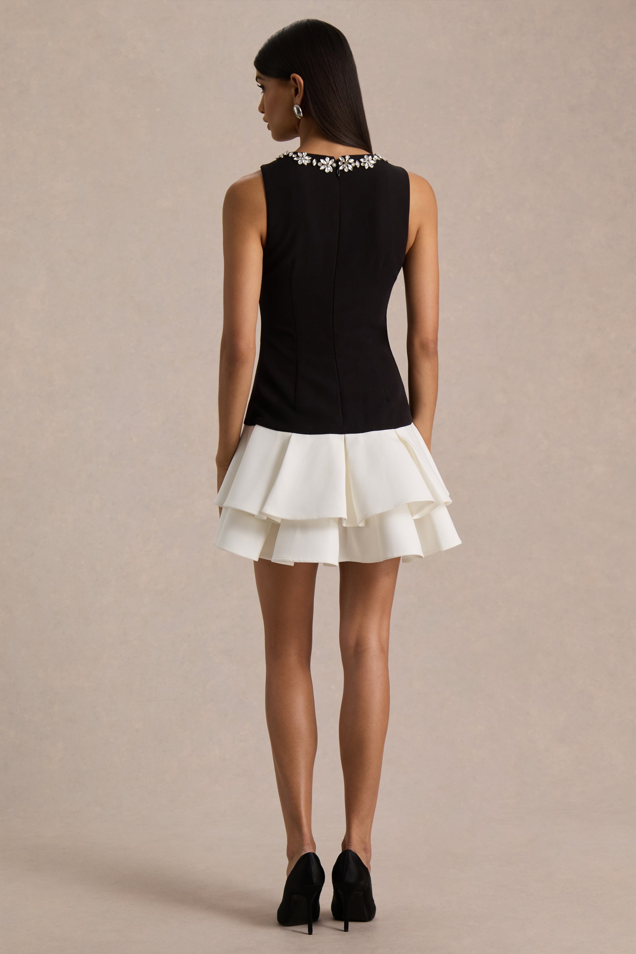 Nalani | Black And White Crew-Neck Mini Dress With Embellishment And Ruffled Detailing