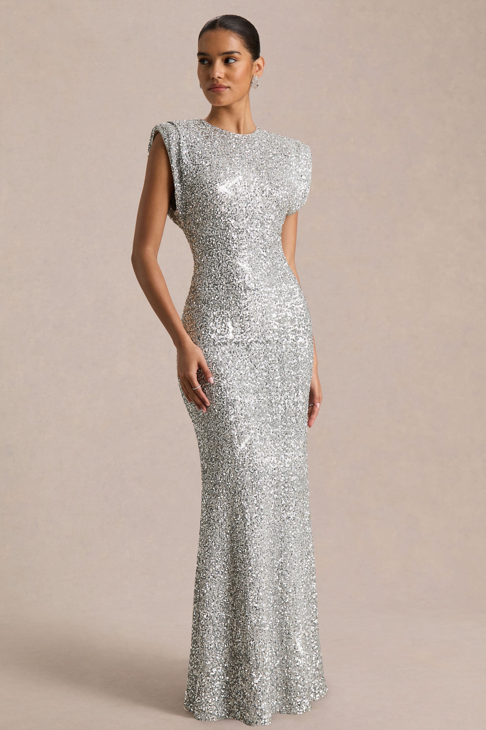 Aurah | Silver Sequin Crew-Neck Maxi Dress With Cap Sleeves