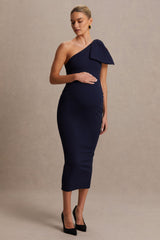 Adorn | Navy Asymmetric Maternity Midi Dress With Shoulder Bow Detail