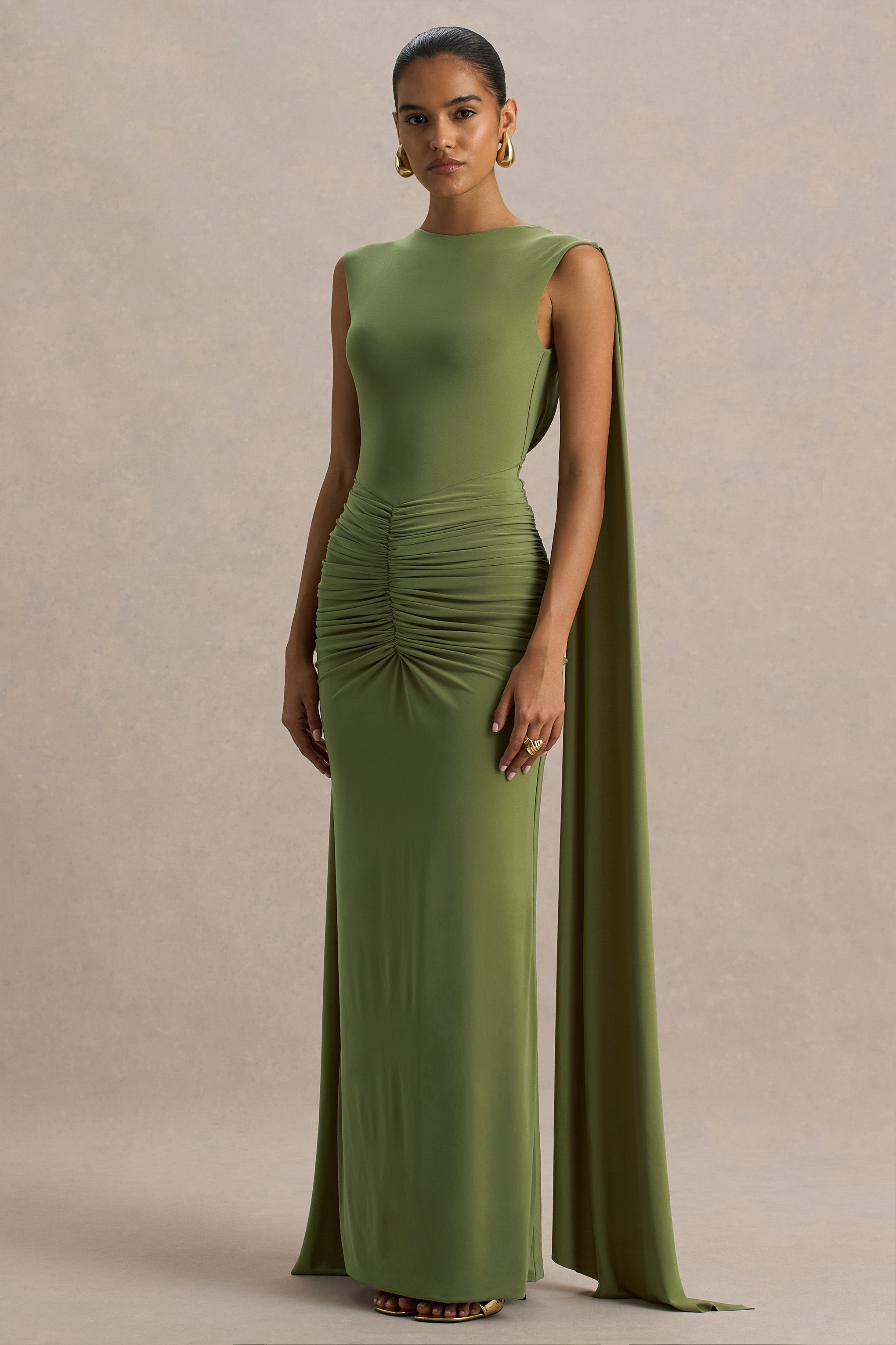 Premiere | Olive Boat-Neck Maxi Dress With Cape-Sleeves And Open-Back