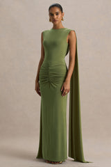 Premiere | Olive Boat-Neck Maxi Dress With Cape-Sleeves And Open-Back