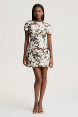 Ophelia | White And Green Embellished Sequin Floral And Mesh Mini Dress With Short Sleeves