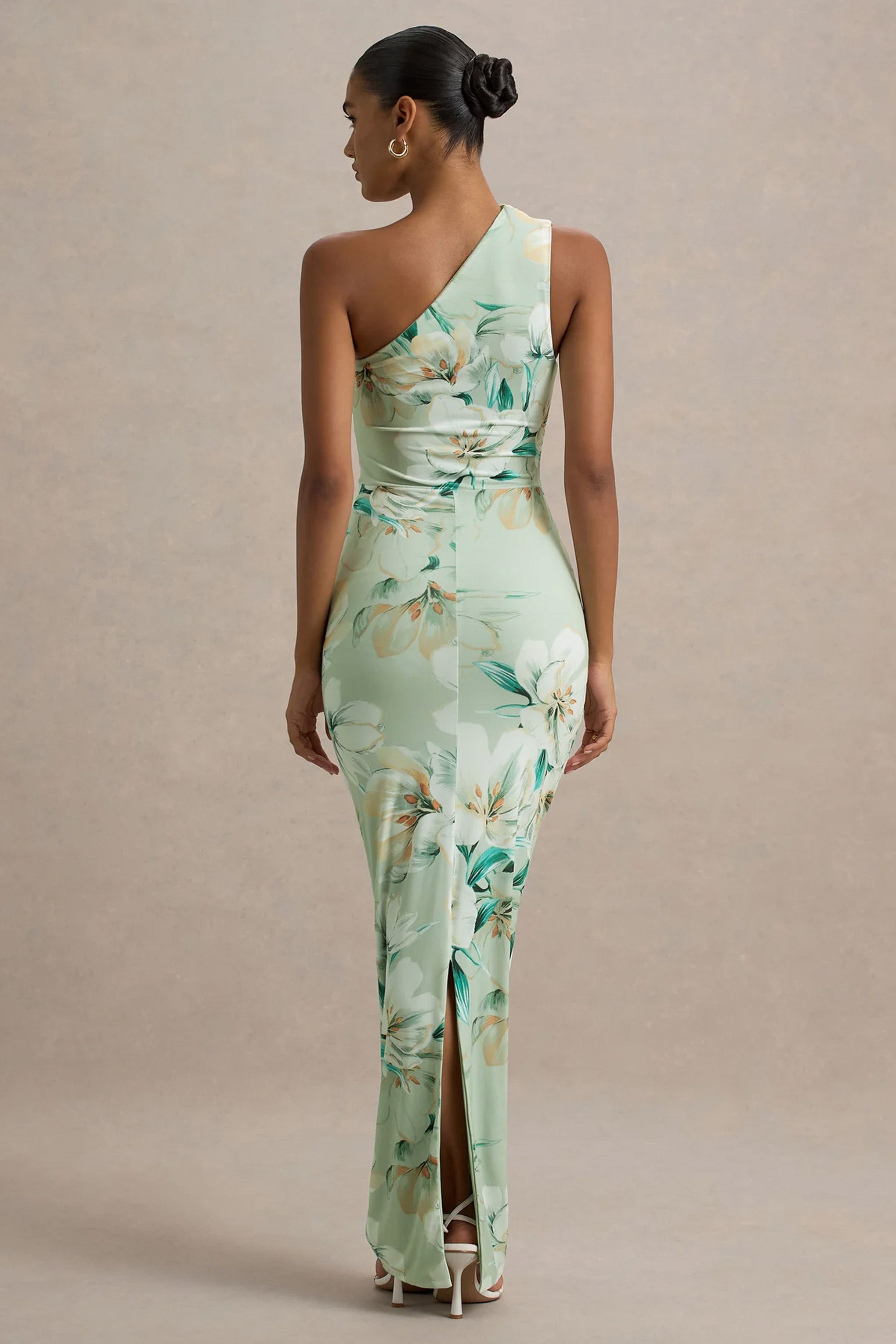 Dalarie | Green Floral Print One-Shoulder Gathered Maxi Dress