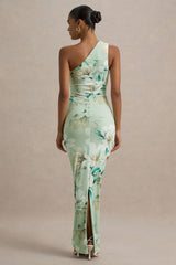 Dalarie | Green Floral Print One-Shoulder Gathered Maxi Dress