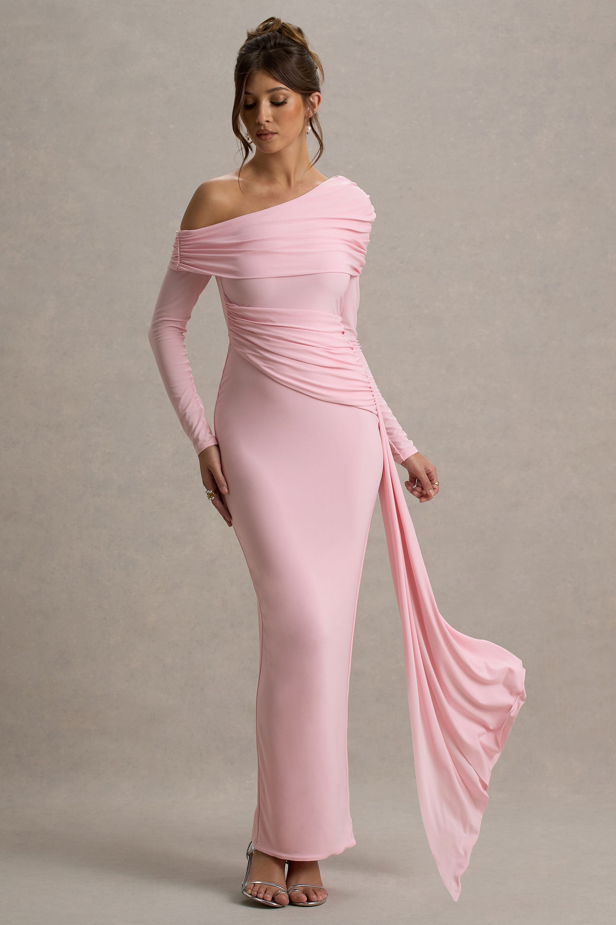 Valina | Pink Ruched Asymmetric Maxi Dress With Drape