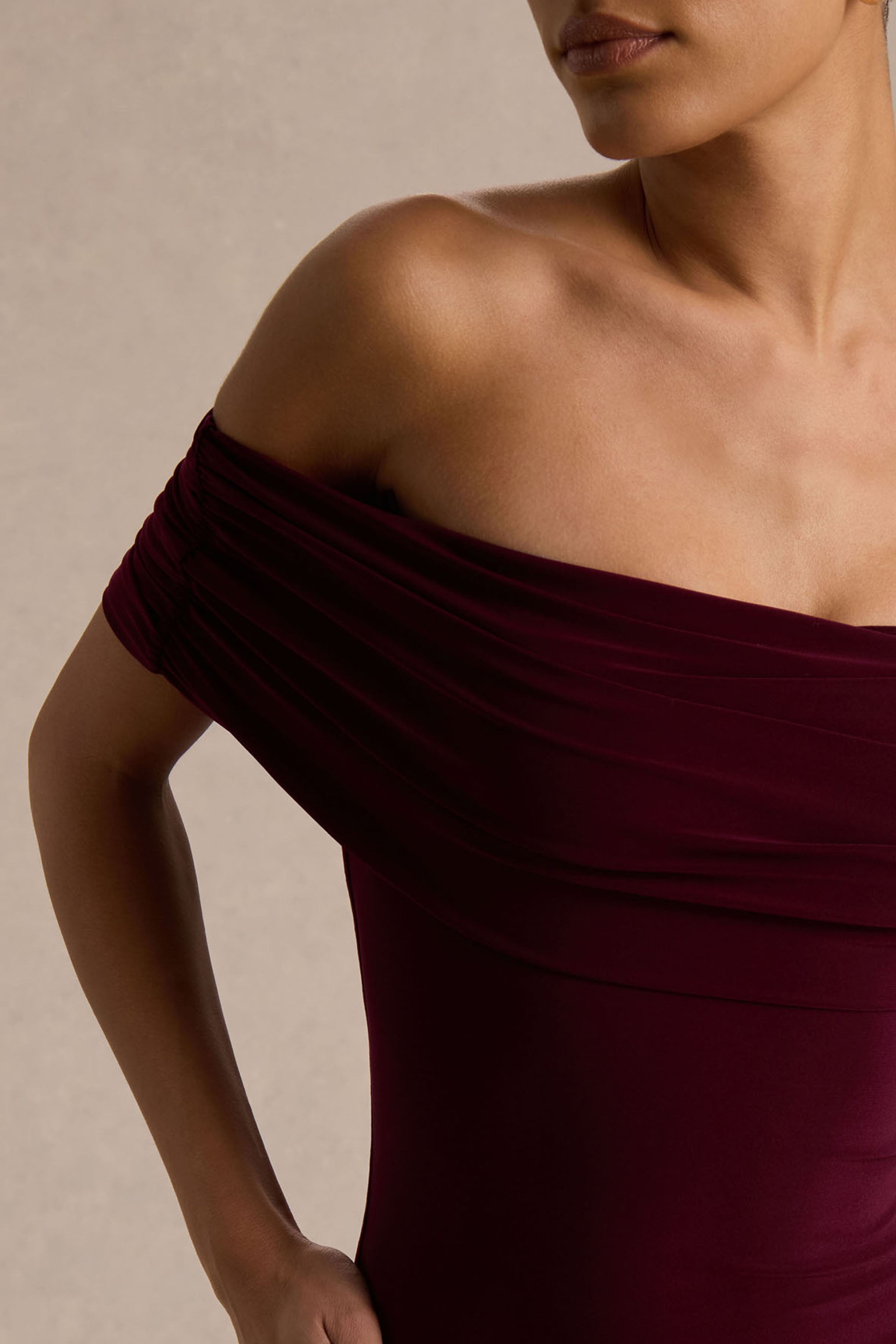 Venezia | Burgundy Bardot Maxi Dress With Drop-Waist