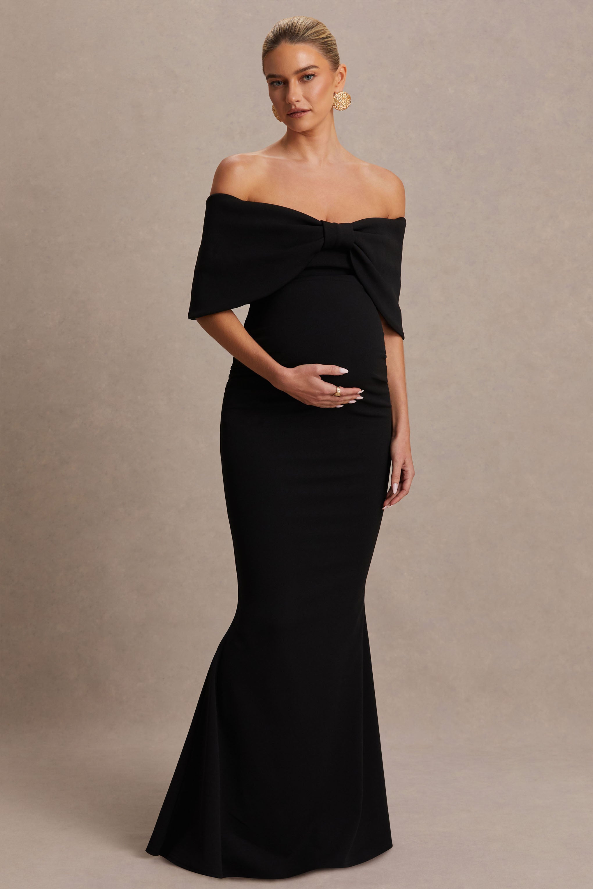 Libra | Black Bow Bardot Maternity Maxi Dress